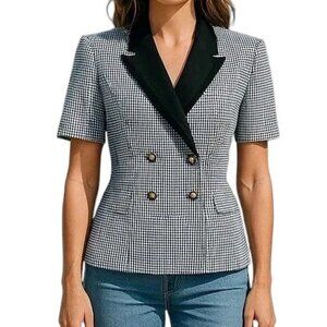 Le Suit Double Breasted Blazer Women Size 14P Black White Gingham Short Sleeve